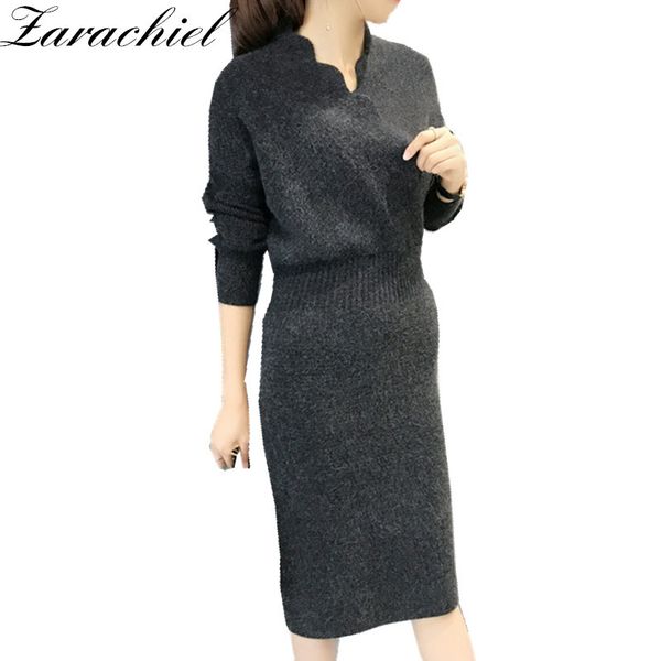 

cross v-neck knitted sweater winter women long sleeve split thicken slim fit cashmere robe femme bodycon dress 210416, Black;gray