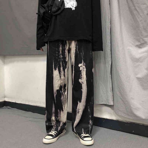 

summer streetwear retro print casual elastic waist loose straight wide leg pants women 210421, Black;white
