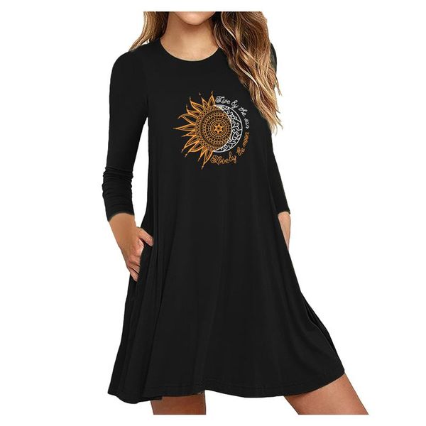 

casual dresses retro women mini dress with pocket round neck long sleeve moon sun print loose ladies street party ropa #t2g, Black;gray