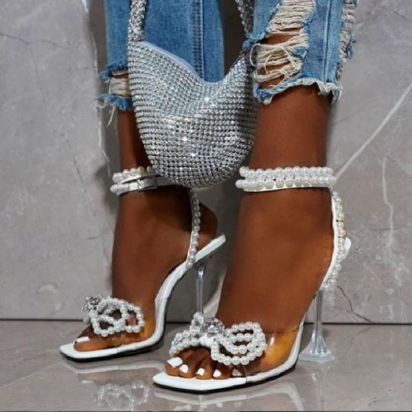 

karin plus size 35-42 party fashion women's shoes ins pearl bow tie square toe high heels summer sandals, Black