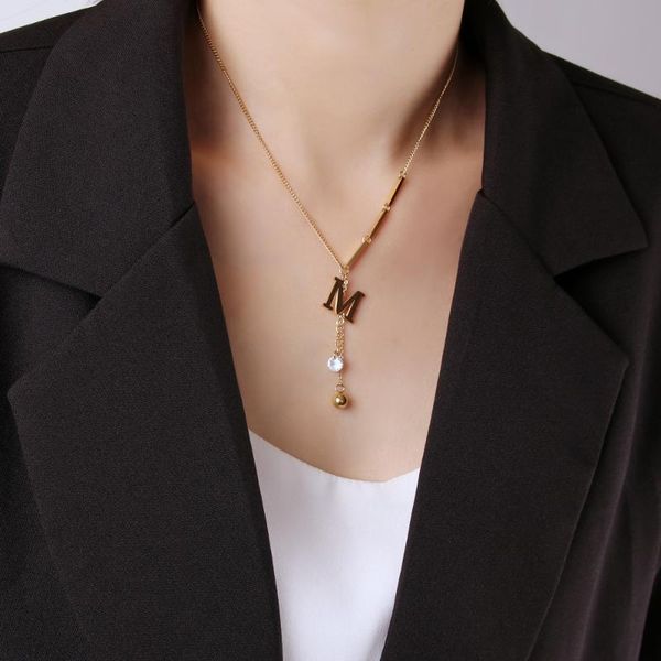 

pendant necklaces korean fashion trend high design letter m simple jewelry for women gilded luxury girls zircon beads clavicle, Silver