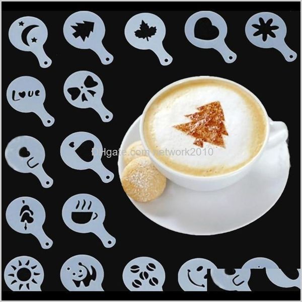 Coffeeware cozinha, barra de jantar home jardim grow entrega 2021 16pcs leite cappuccino barista art stencils bolo de bolo de espuma de caf￩ espuma