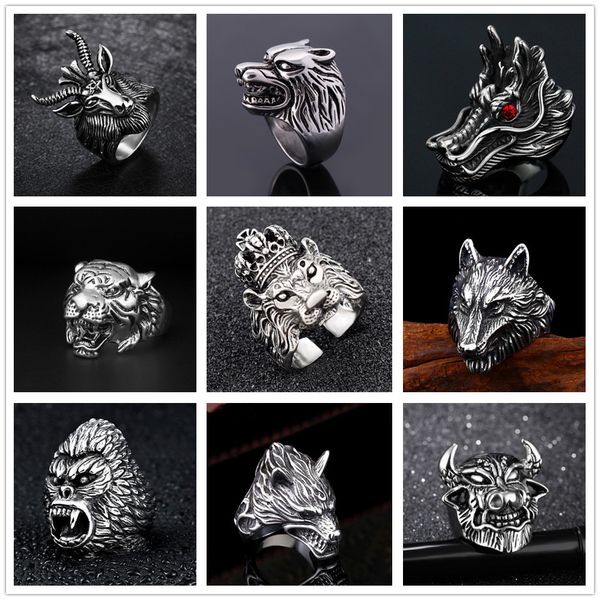 

designer rings 40 kinds domineering wolf dragon tiger ring fashion skull for men women party jewelry men's stainless steel animal, Golden;silver