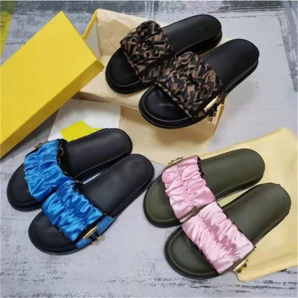 Женские сандалии рюша сатиновые дизайнерские скольжения Slides Slipers Slipers Classic Slide Summer Fashion Широкая пластичная скользкая сандалийская шлепанца размер 35-43