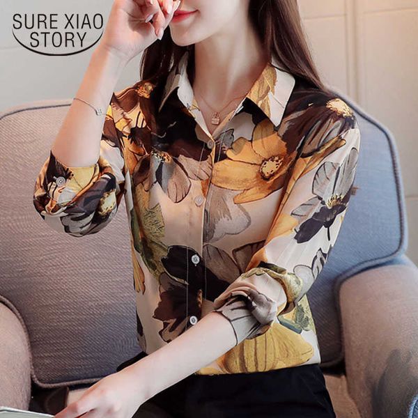 Herbst Koreanische Lose Dünne Beiläufige Ölgemälde Gedruckt Chiffon Bluse Elegante Revers Langarm Frauen Hemd Blusas Mujer 10746 210528