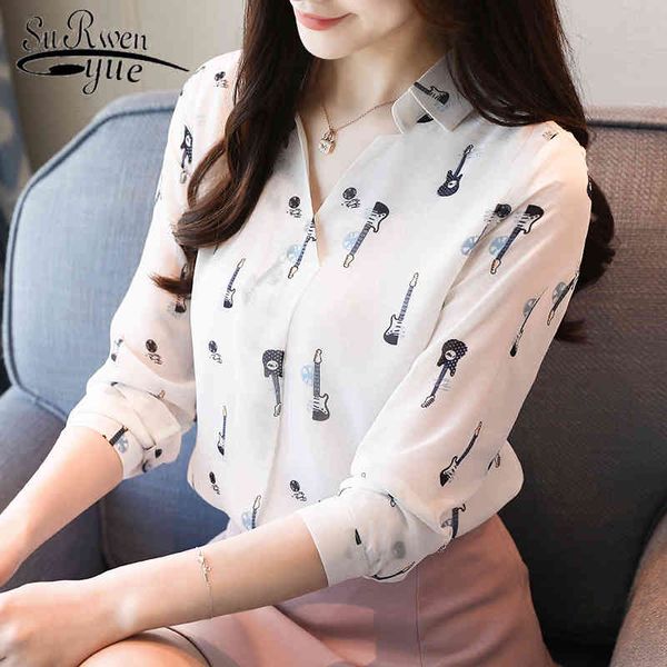 

casual chiffon women long sleeve v-neck slim elegant blouses printed clothing loose autumn 5997 50 210508, White