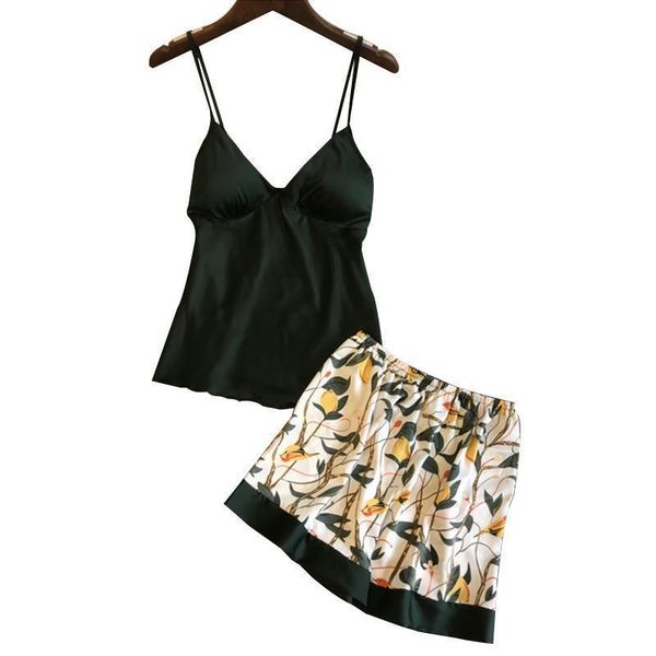 

women sleepwear lace printing spaghetti strap shorts pajama set ice silk with chest pad female, Black;red