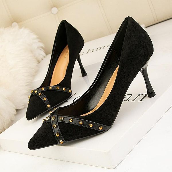 

dress shoes pumps women thin heels shallow mouth high nightclub slim pointed toes riveting female fashion, Black