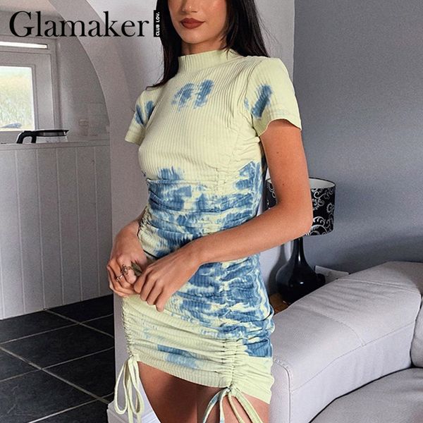 

glamaker tie dye short sleeve summer dress women pleated drawstring bodycon mini dress vintage knitted female tight dress 210414, Black;gray