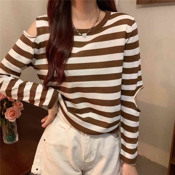 

women's sweaters striped female sweater with shoulder hole out, spring autumn , short, thin, knitted, korean fashion 8t8k, White;black