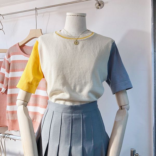 

comfortable contrast color o-neck woman tshirts all match short sleeve t shirt korean fashion summer women 210514, White