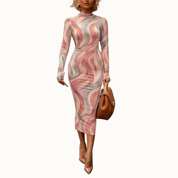

casual dresses beach print style stand collar full sleeve slim pencil dress lady back slit midi mbq1819, Black;gray