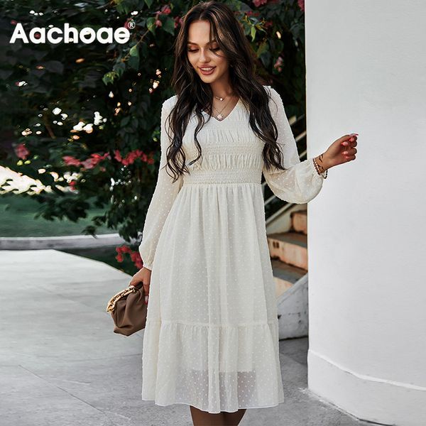 

dot embroidery elegant chiffon v neck solid beach pleated see through lantern sleeve casual midi dress robe 210413, Black;gray
