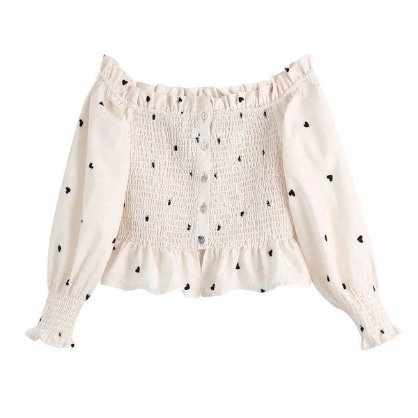 

summer women ruffle slash neck printed short shirt female nine quarter sleeve blouse casual lady slim blusas s8925 210430, White