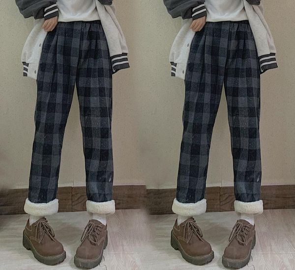 

vintage plaid casual plus velvet pants girl loose straight leg outer sweatpants all-match winter lattice trousers student women's & cap, Black;white