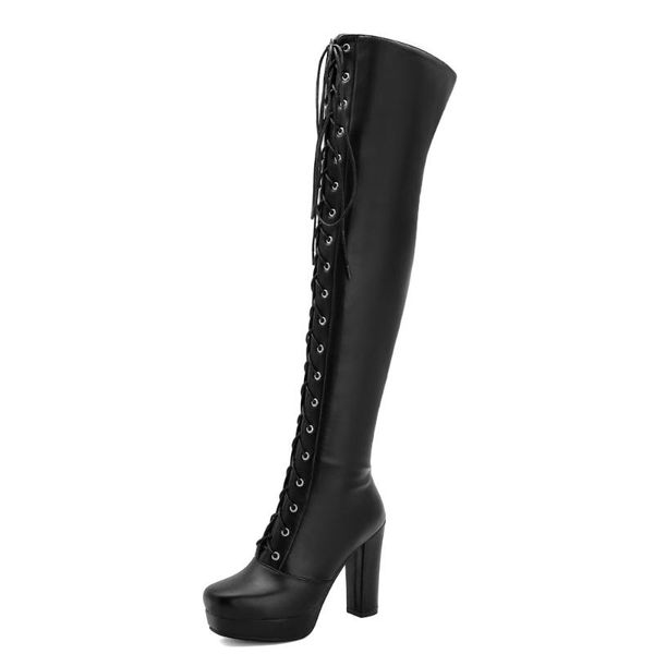 

boots super high chunky heel runway catwalk cross-lace side zipper lace-up platform over-the-knee, Black