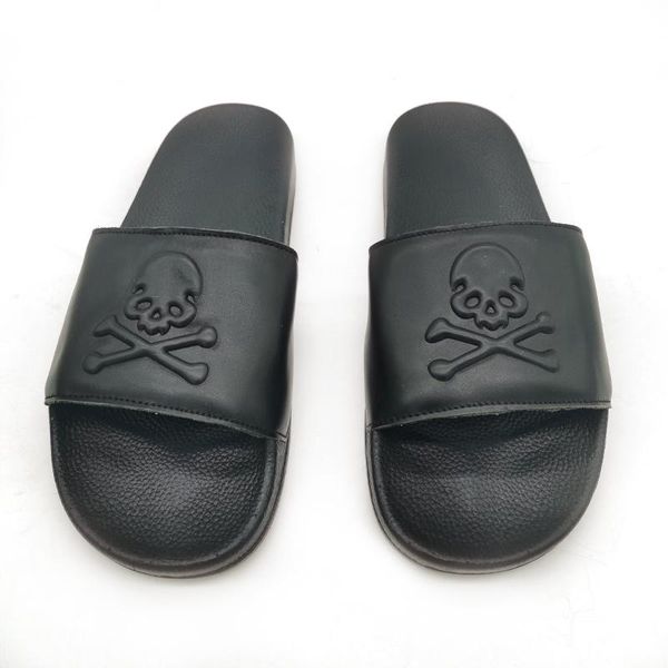 

men/women flat cowhide slides fashion skull designer beach flip flops non-slip pvc soles outdoor shoes slippers, Black