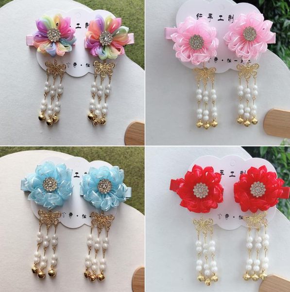 

antique po step by flower hairpin pearl suspender bell pair of yarn lace clip hanfu headdress girl head hair accessories, Slivery;white