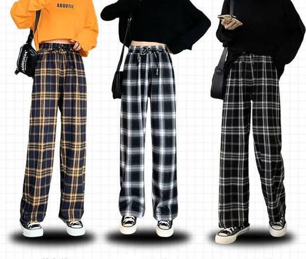 Calças femininas xadrez casuais retas confortáveis e soltas capri tartan calças unissex streetwear S-3XL preto amarelo branco cinza