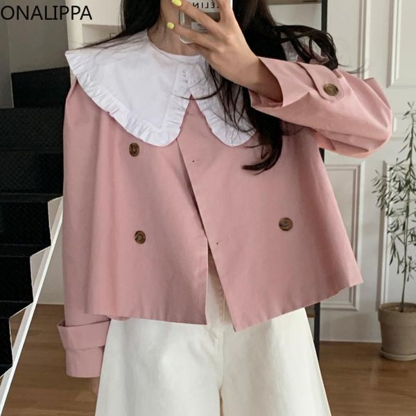 

women's jackets onalippa coat preppy style sweet women korea autumn all-match lapel wood ear stitching contrast color double-breasted j, Black;brown