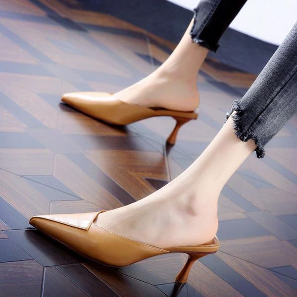 

sandals women's baotou mid-heel pointed slippers 2021 summer korean all-match stiletto high heels women, Black
