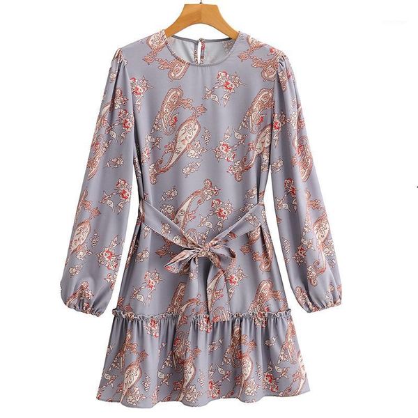 

women summer vintage print mini dress 2021 long sleeve o-neck sashes bow tie female elegant ruffles dresses vestidos casual, Black;gray