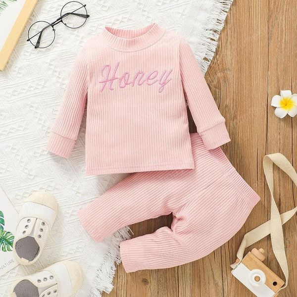 Baby-Kleidungsset, Stickerei, Buchstaben, Rippenoberteil + Hosen-Outfits, Herbst 2021, Kinder-Boutique-Kleidung, 0–2T, Neugeborene, Kleinkinder, Mädchen, Baumwolle, lange Ärmel, Anzug, lässig