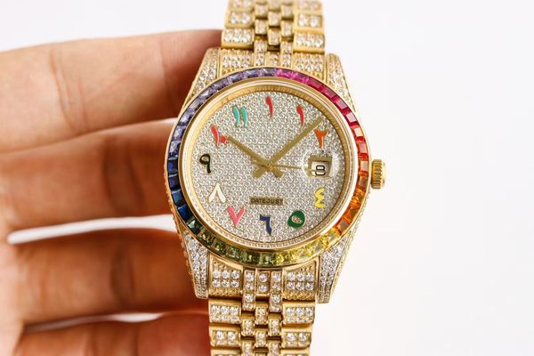 

high quaity shiny diamonds watches full iced out yellow gold case 41mm arabic numbers automatic men smooth hands wristwatch stainless steel, Slivery;brown
