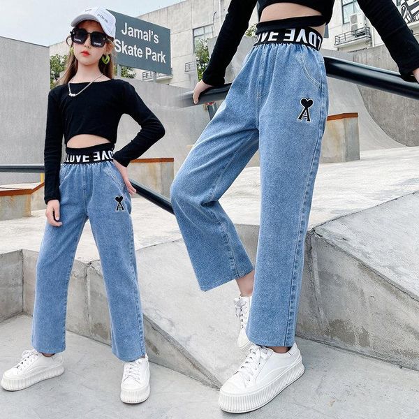 

kids heart embroidery trousers fashion girl's denim pants spring teens loose jeans straight children's clothing 4-13y, Blue