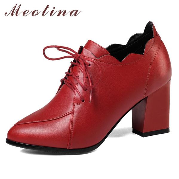 

dress shoes meotina high heels women pumps lace up chunky derby fashion pointed toe female red black plus size 33-43