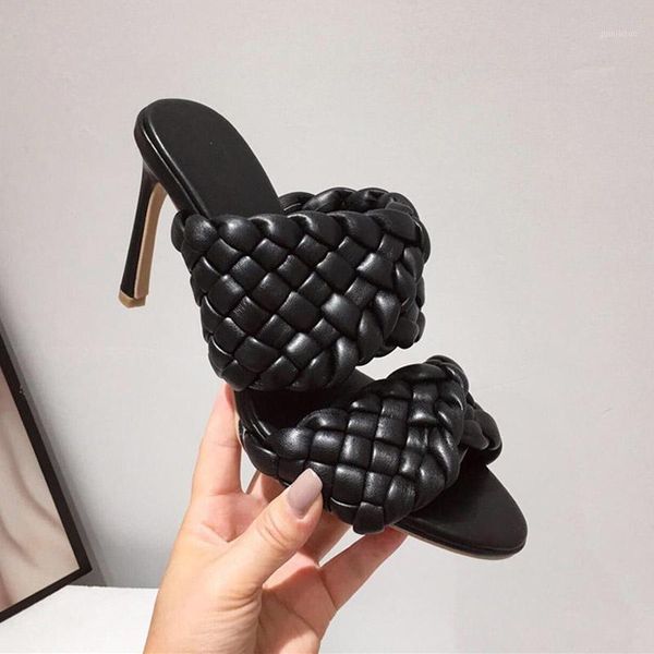 

slippers leather braided women high heel sandals plus size 35-42 outdoor slides shoes woman mules weave cross summer heels lady1, Black
