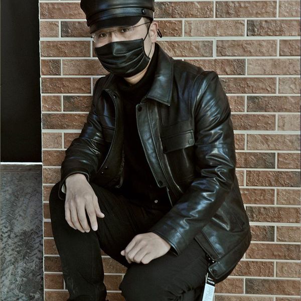 

leather coat men's brand loose sheepskin black large 4xl street pocket jackets, Black;brown