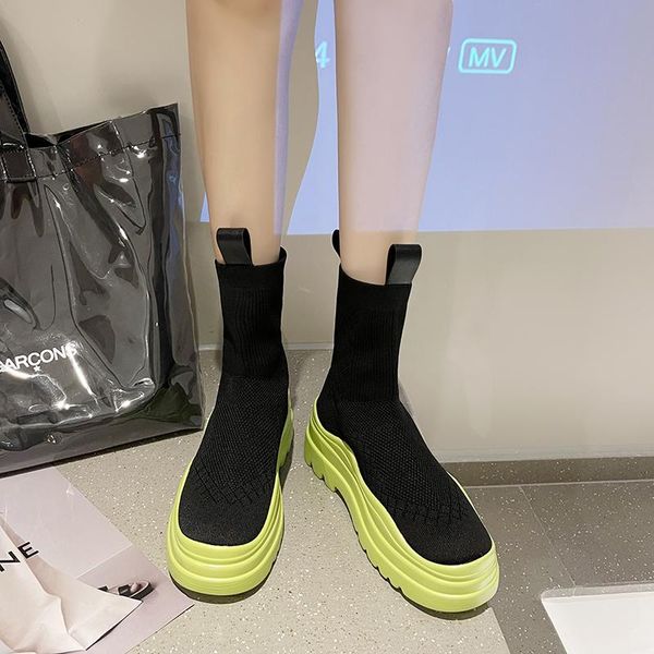

boots sock ankle platform women shoes breathable stretch fabric thick sole short leisure knitted chunky, Black