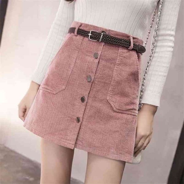 

spring autumn office lady women's short skirt denim style button a-line corduroy high waist pocket mini with belt bottoms 210517, Black