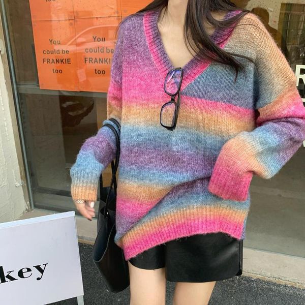 

women's sweaters gradient color smudge sweater women lazy style fluffy plush v neck puff sleeve oversized pullover female, White;black
