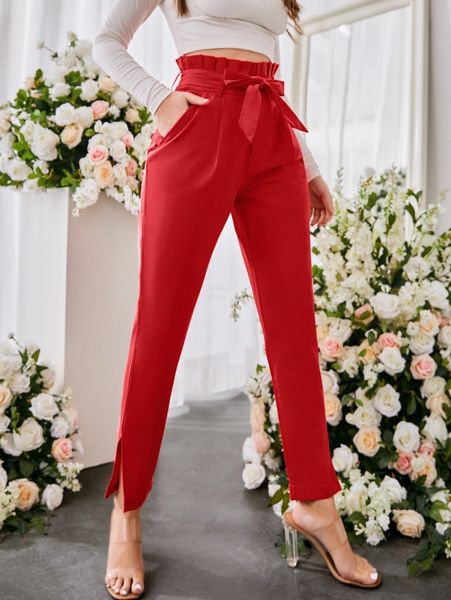 

sbetro paperbag waist slant pockets slit hem belted pants a2b1#, Black;white