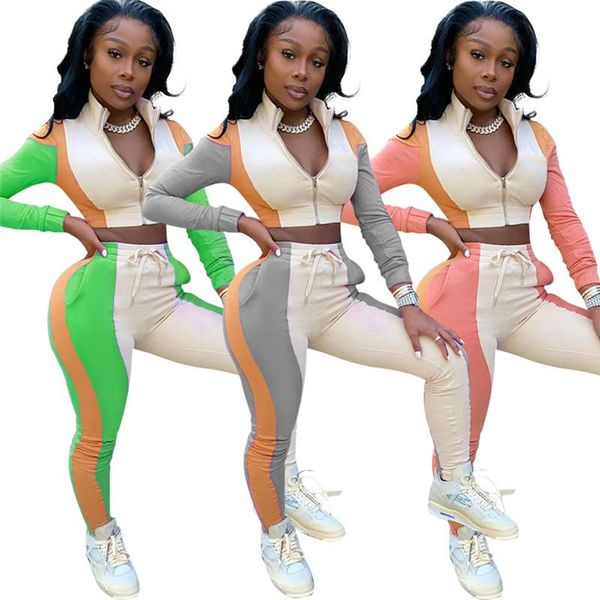 

two piece outfit for women set bodycon patchwork zip sweatshirt sweatpant joggers tracksuit winter clothes wholesale dropshpping women', White