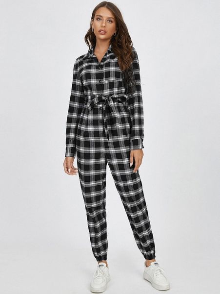 

plaid print belted shirt jumpsuit r70i#, White