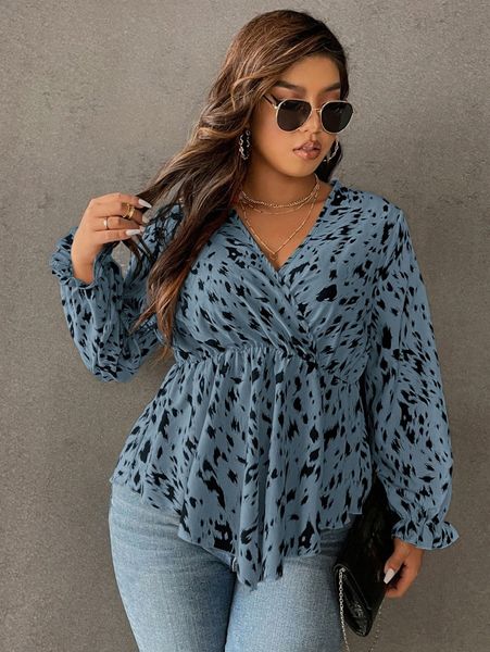 

plus allover print flounce sleeve peplum blouse g90c#, Black