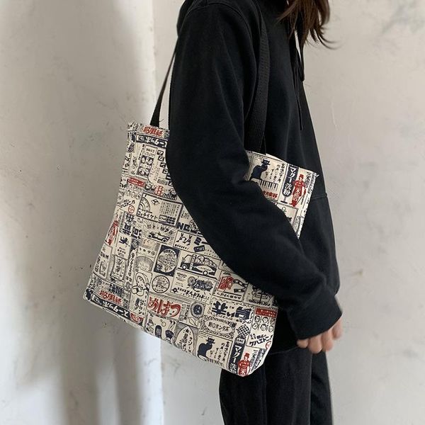 

evening bags south korea large capacity canvas bag women's shoulder illustration design student travel yoga lady