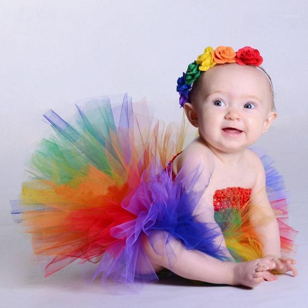 

girl's dresses bright rainbow girl dress for birthday party toddler kids pography props baby tutu and hairband, Red;yellow