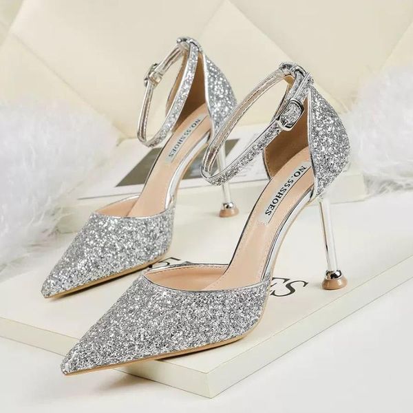

dress shoes nice fashion word with sequined stiletto silver high heels crystal banquet sandals wedding, Black