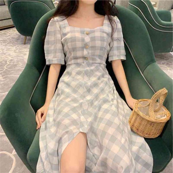 

korobov korean fashion sweet women dress summer short sleeve square collar female dresses button high waist vestidos 210430, Black;gray