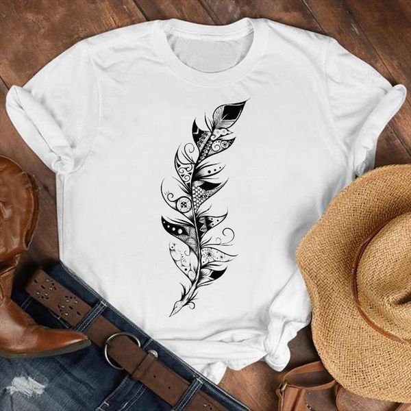 

men lady feather printing vintage t shirt 90s fashion clothes mens female print tee graphic, White;black