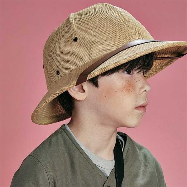 

child toquilla straw helmet pith sun hat for boy girl vietnam war army parent-child dome safari jungle miners cap 220105, Yellow