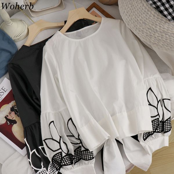 

vintage floral embroidery lantern sleeve blouse women korean chic bow bandage shirt summer all match casual 210422, White