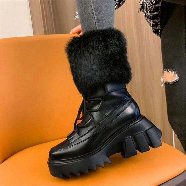 

boots fur increased thick-soled ladies round-toed black cross strap winter fashion