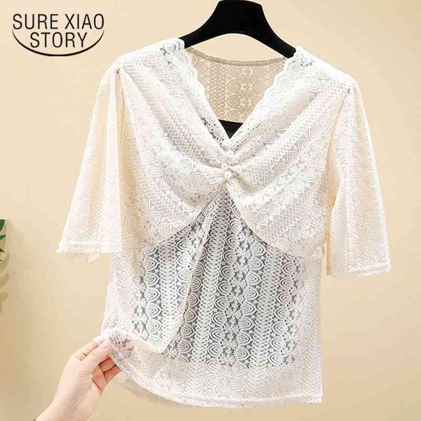 

korean summer casual shirts clothes lace solid short sleeve v-neck blouse women blusas mujer de moda 9421 210415, White