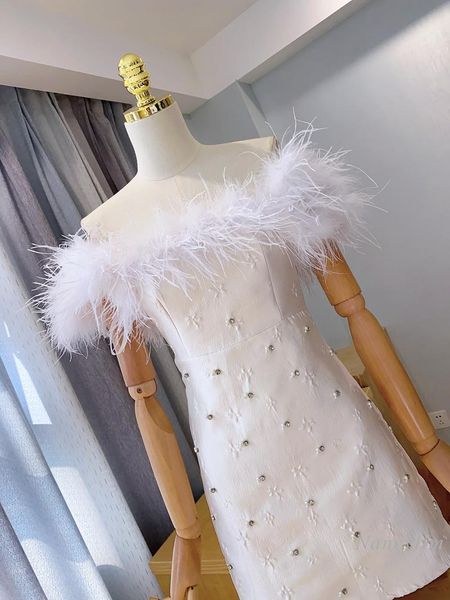 

lady's off-shoulder ostrich feather rhinestone backless dress 2021 autumn winter women's evening party vestidos mini casual dresse, Black;gray