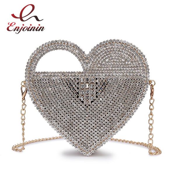 

shoulder bags luxury heart shaped diamond evening clutch bag women 2021 purses and handbags designer hollow out metal chain